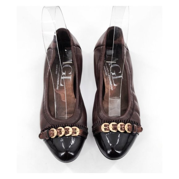 Agl Shoes - AGL Espresso Gold Buckle Ruffle Ballet Flats Patent Cap Toe Brown